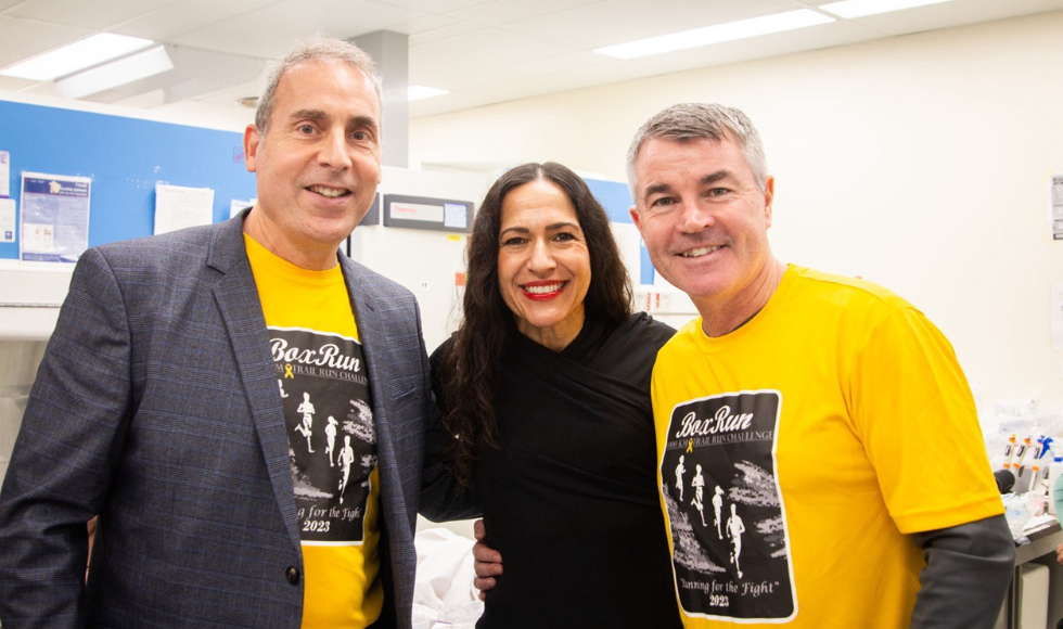 Mike Strange (right) alongside long-time friend and Box Run supporter, Victor Pietrangelo, and Sheila Singh, director of the Centre for Discovery in Cancer Research.